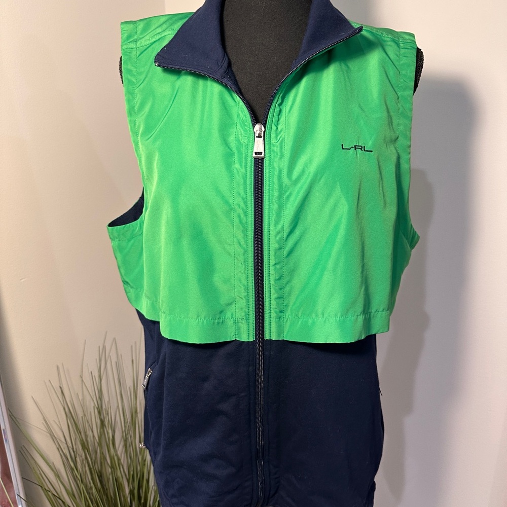 L-RL Ralph Lauren Active Green & Navy Blue Full Zip Vest Size XL